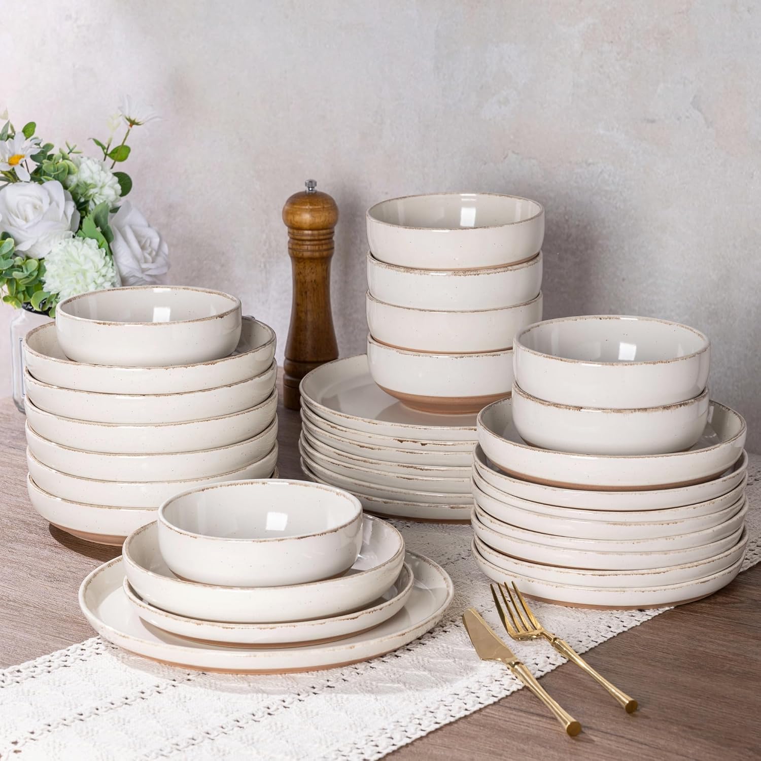 AmorArc 24 Pieces Ceramic Dinnerware Sets for 8, Handpainted Stoneware Plates and Bowls Set with Rustic Terracotta Underside, Scratch Resistant Dishes Set, Dishwasher & Microwave Safe
