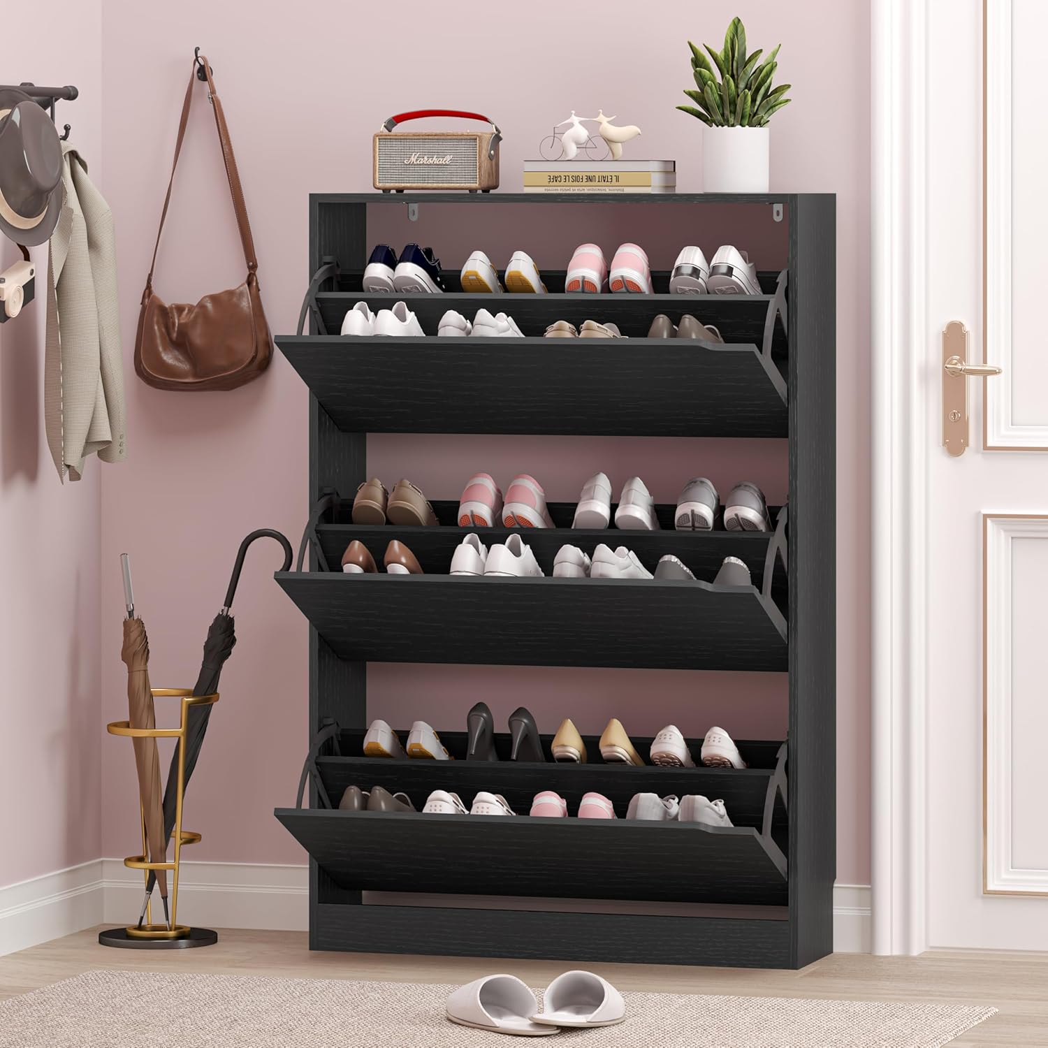 BORNOON Shoe Storage Cabinet with 3 Flip Drawers,Narrow Shoe Rack Cabinet,Freestanding Organizer Storage for Entryway, Hallway, Black