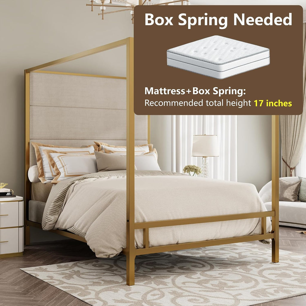 Modern Metal King Size Canopy Platform Bed with with Tall Linen Fabric Upholstered Headboard and 4 Poster Design, Box Spring Needed (Gold+Tan, King)