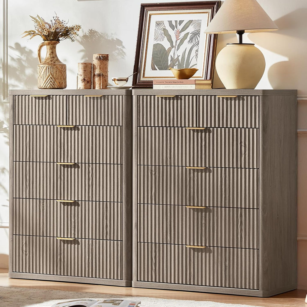 LEYAOYAO Fluted 6 Drawers Dresser for Bedroom Set of 2, 42' Tall Modern Chest of Drawers with Metal Handle, Curved Profile Design,Grey Wood Drawer Organizer for Bedroom, Living Room, Hallway