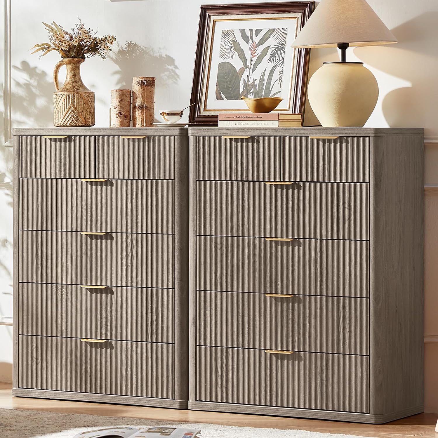 LEYAOYAO Fluted 6 Drawers Dresser for Bedroom Set of 2, 42' Tall Modern Chest of Drawers with Metal Handle, Curved Profile Design,Grey Wood Drawer Organizer for Bedroom, Living Room, Hallway