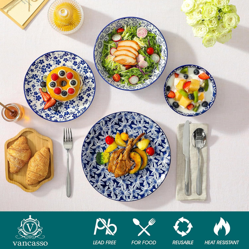 vancasso SELENE Plates and Bowls Set for 6, 24 Pieces Dinnerware Sets, Mircowave and Dishwasher Safe Dishes Set, Porcelain Blue Dinnerware