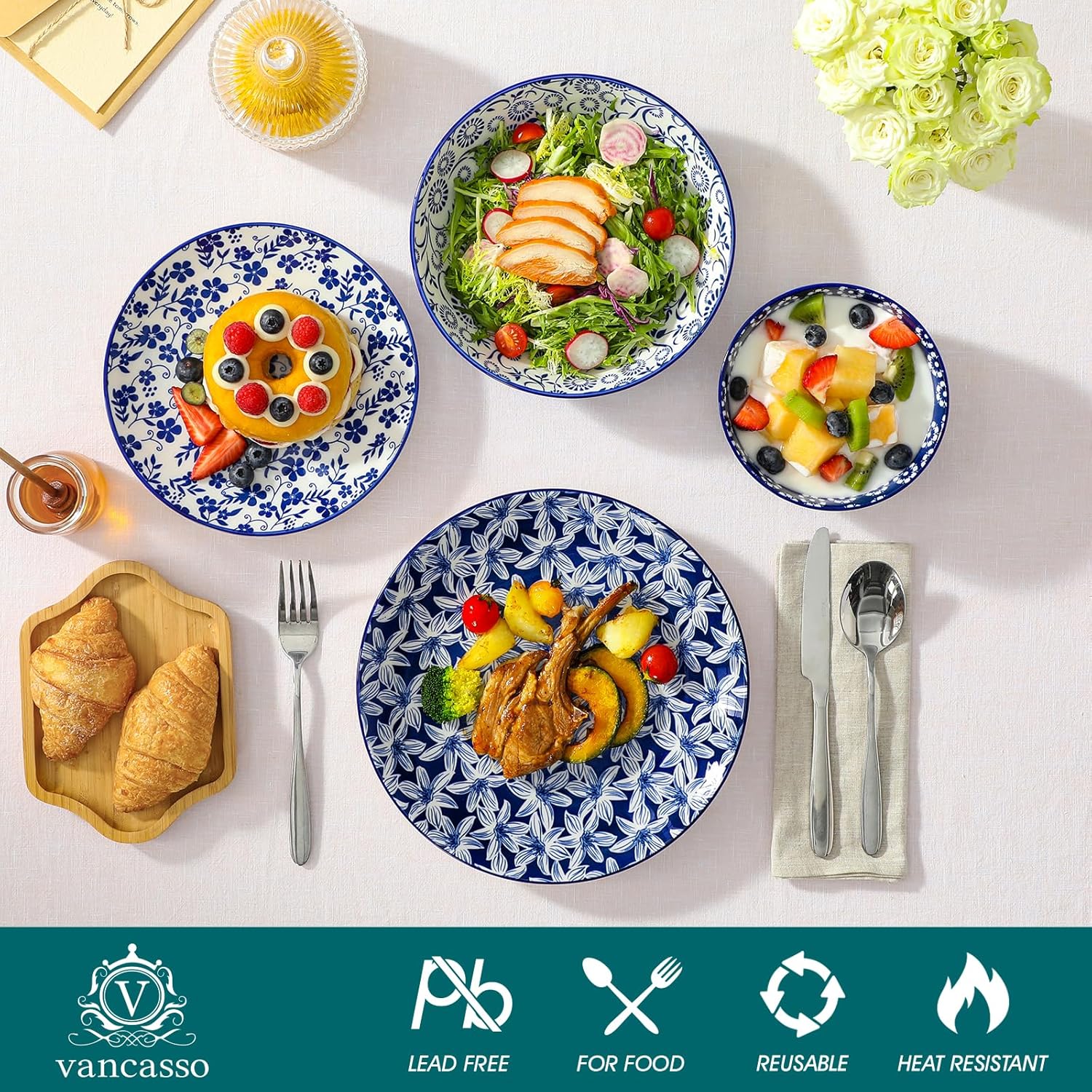 vancasso SELENE Plates and Bowls Set for 6, 24 Pieces Dinnerware Sets, Mircowave and Dishwasher Safe Dishes Set, Porcelain Blue Dinnerware