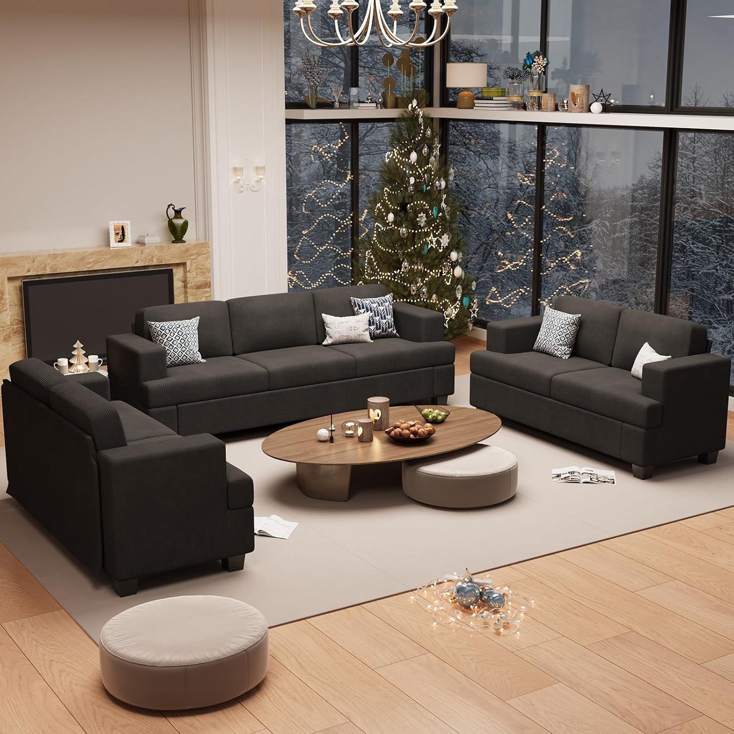 Fiona's magic 2 Pieces Corduroy Sofa Set for Living Room, Black Cloud Couch, Deep Seat Floor Couch for Bedroom, Futon Modern Sofa Sectional Bed, Black Corduroy