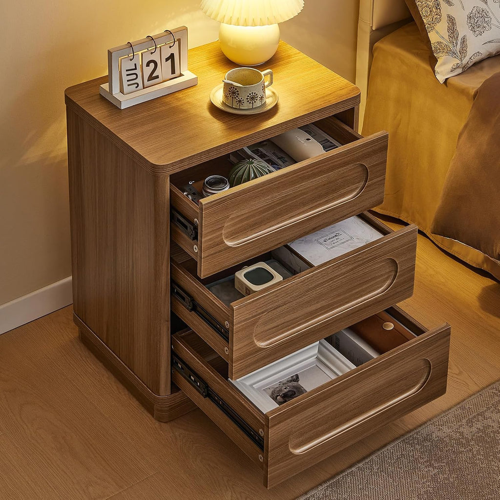 26.2' Tall Nightstand Set of 2, 21.7' W Night Stand with 3 Storage Drawers, Wood Beside Table, Rounded Corner Design for Bedroom (Brown)