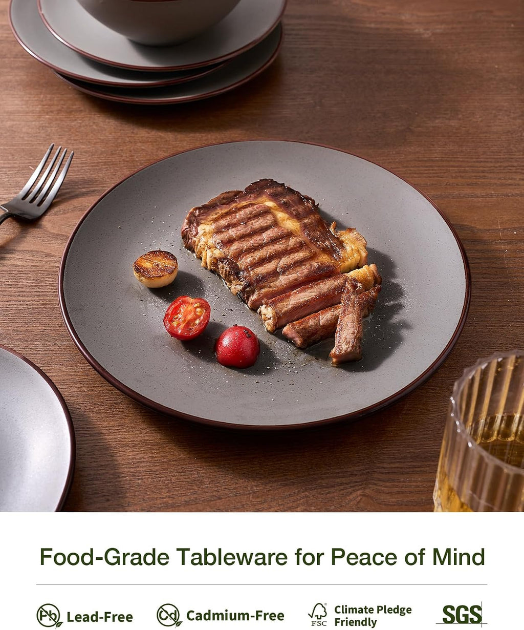 Famiware Venus Plates and Bowls Sets with Trim, 24 Pieces Speckled Stoneware Dinnerware Set for 8, Matte Dark Gray - Microwave & Dishwasher Safe, Modern Minimalist, Dishes for Everyday & Formal Dining