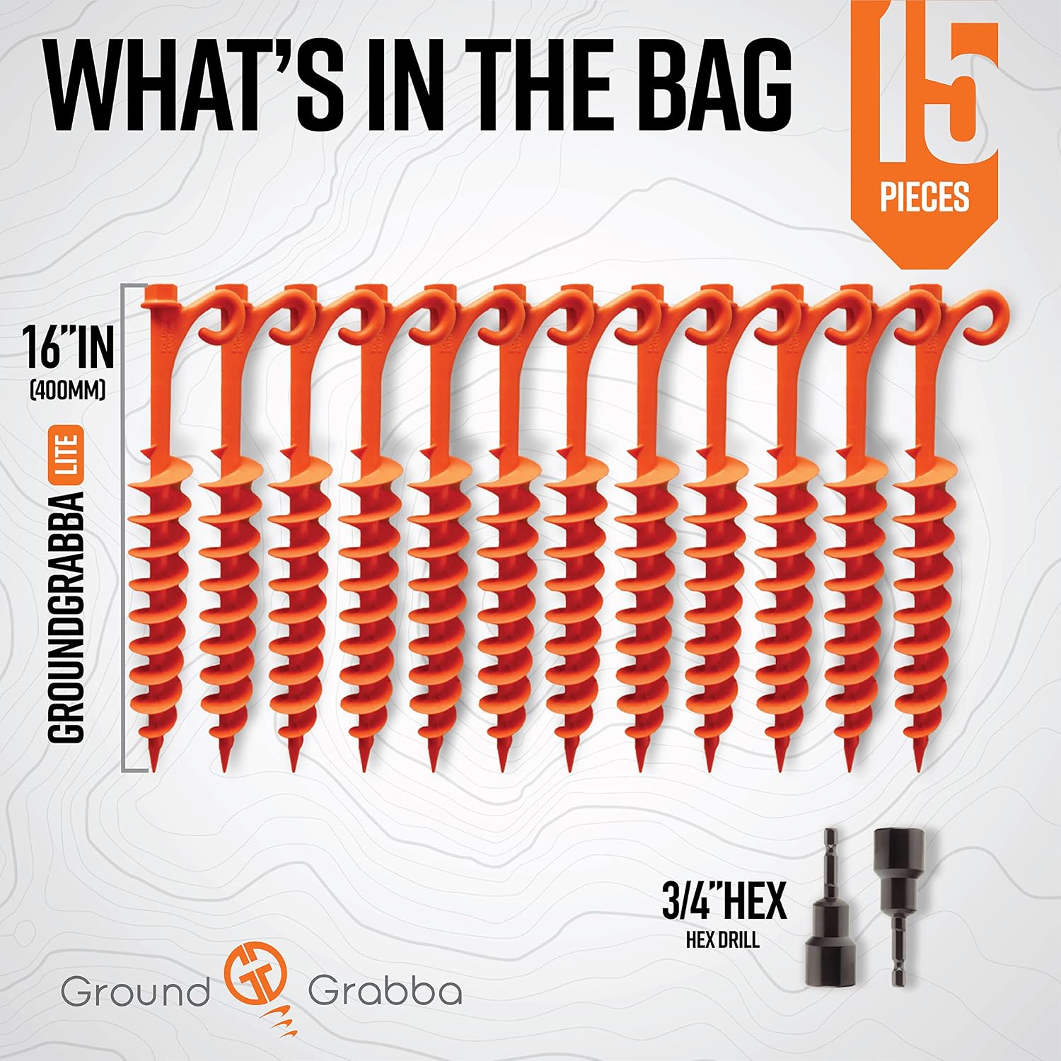 Lite - Orange-Tent Stakes - 15 Piece Tent Stakes for Sand | Tent Stakes | Screw in Earth Ground Anchors for Maximum Grip and Longevity in Soft Surfaces