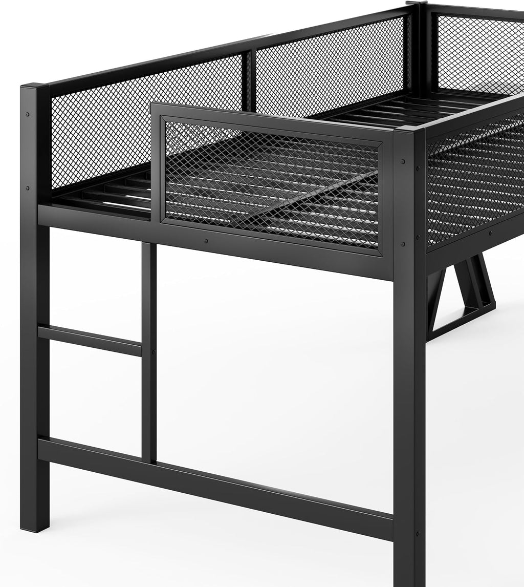 Twin XL Size Gaming Loft Bed with Desk of X-Shaped Leg, LED Lights & USB Ports, Space-Saving Low Metal Loft Bed Frame with Ladder & Mesh Guardrail for Dorm, Bedroom & Gaming Setups (Black-03, Twin XL)
