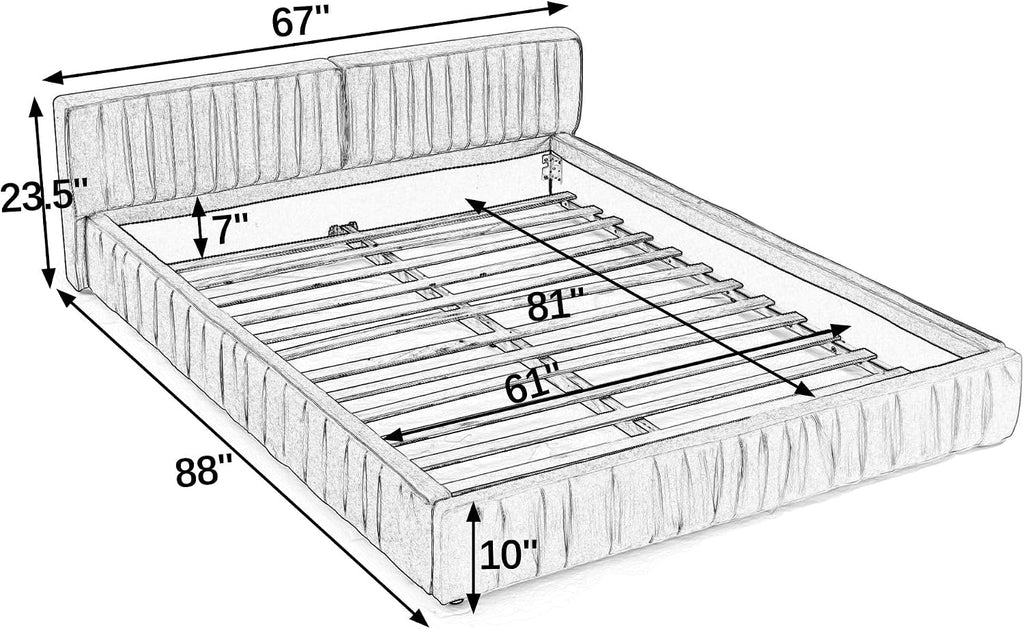 KLMM Queen Size Upholstered Bed Frame with Chenille Fabric with Pleated Design,Grounded Platform Bed with Headboard and Solid Frame,for Bedroom Use (Beige/Chenille, Queen)