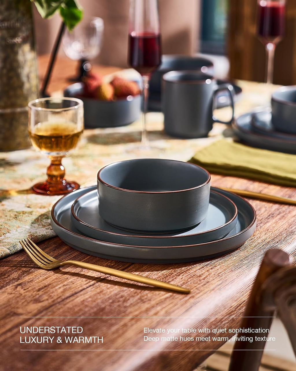 Famiware Nebula Ridge Stoneware Dinnerware Sets for 6, Plates and Bowls Sets, 18 Pieces Dishes Set, Microwave and Dishwasher Safe Kitchen Plates, Charcoal