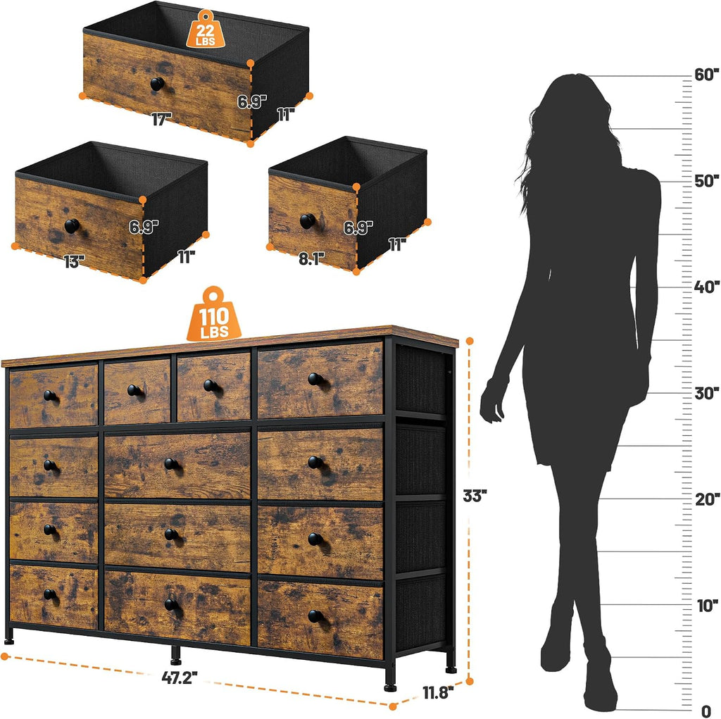 EnHomee Dresser for Bedroom with 13 Fabric Dresser, TV Stand for 40,50,55 inch Tv, Dressers & Chest of Drawers for Living Room, Hallway, Entryway, Apartment Metal Frame, Rustic Brown
