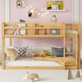 KEIKI Convertible Loft Bed Frame with Storage Shelf, Twin Over Twin Floor Bunk Bed with Ladder & Guardrails, Solid Kids Beds Frames for Boys Girls Bedroom, No Box Spring Needed, Easy Assembly, Brown