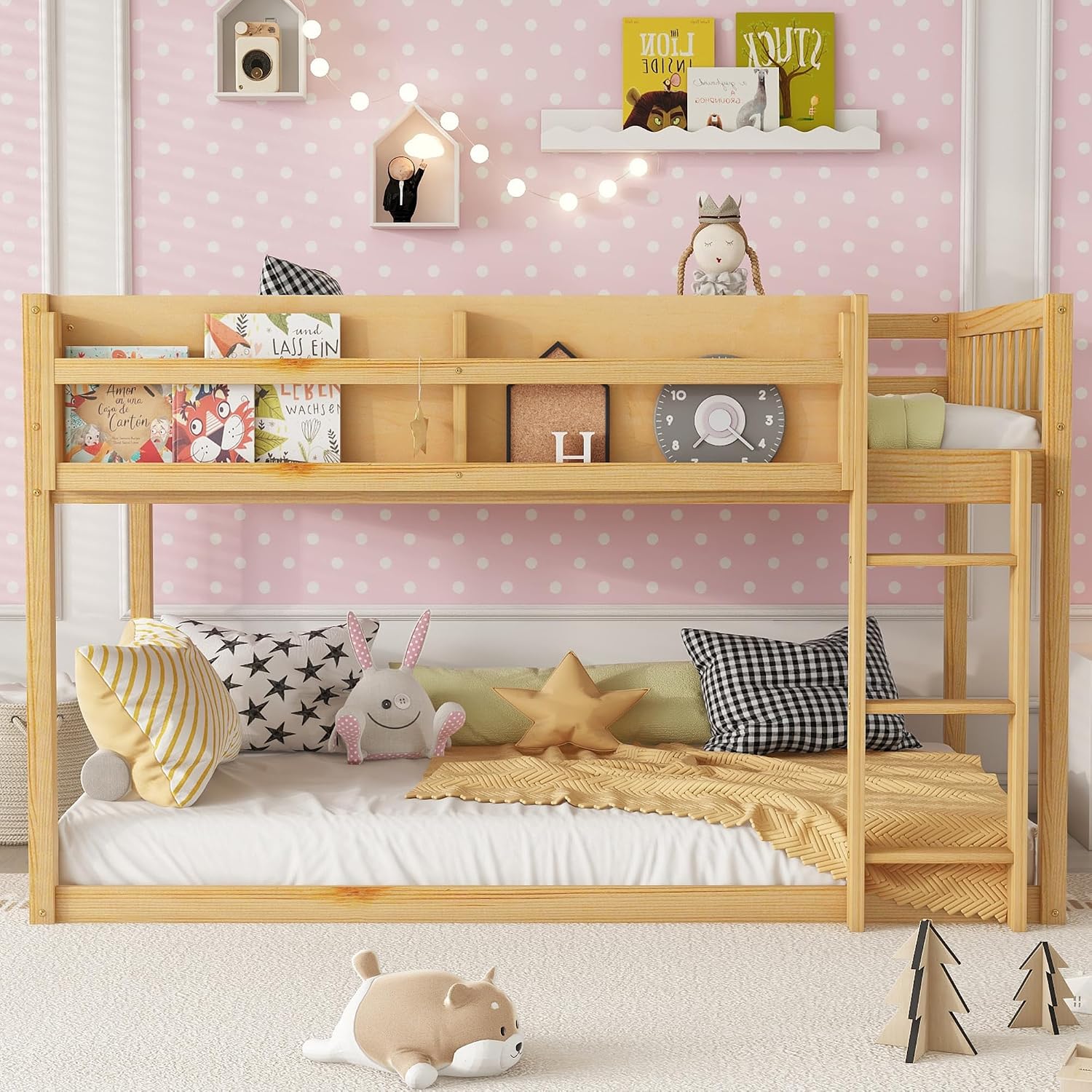 KEIKI Convertible Loft Bed Frame with Storage Shelf, Twin Over Twin Floor Bunk Bed with Ladder & Guardrails, Solid Kids Beds Frames for Boys Girls Bedroom, No Box Spring Needed, Easy Assembly, Brown