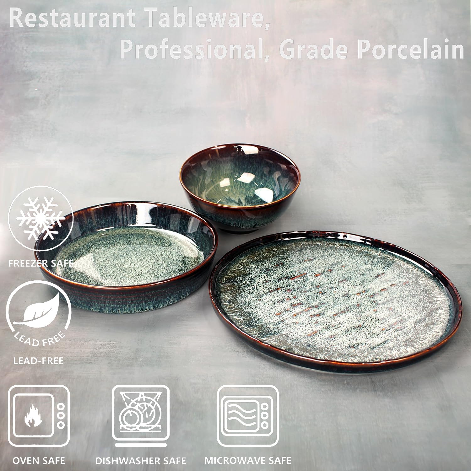 This 12-piece round active glaze porcelain tableware set includes plates, bowls, and soup plates, serving up to 4 people. It is microwave and dishwasher safe. (Set (No.4))