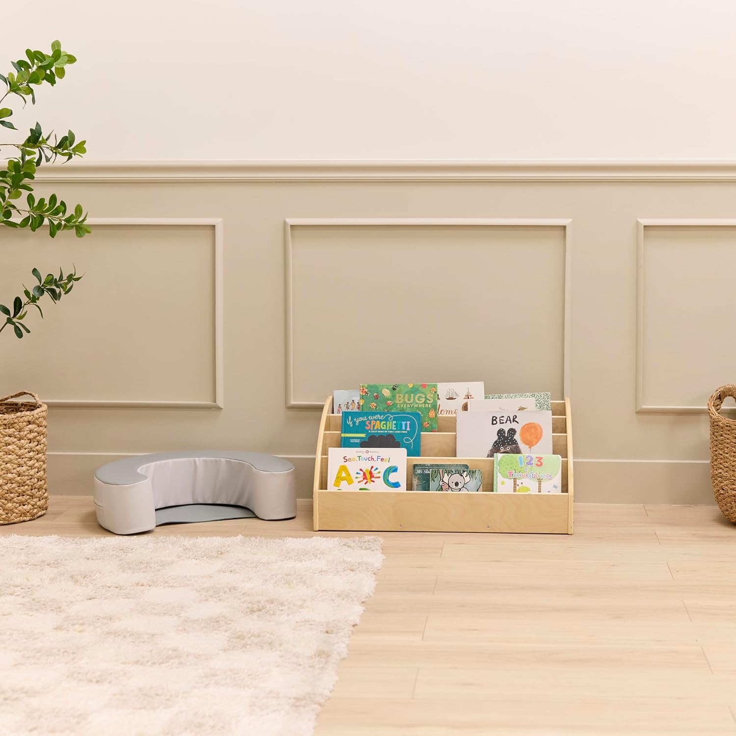 Back2School Express 4-Tier Forward-Facing Toddler Bookshelf, Kids Book Display Rack Storage Organizer for Nursery Playroom, Natural Wood