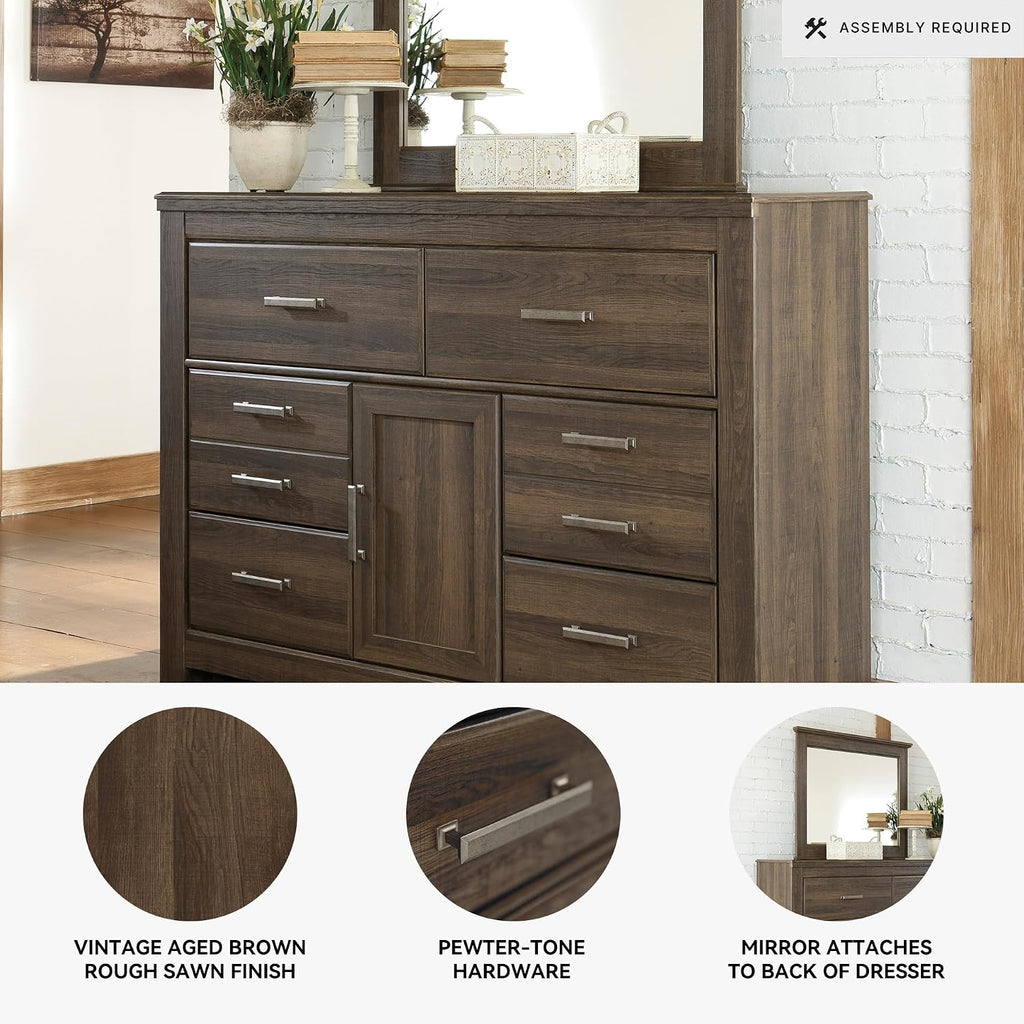 Signature Design by Ashley Juararo Vintage Smooth-Gliding 6-Drawer Dresser and Mirror with Safety Stop, Cabinet and Adjustable Shelf, Dark Brown