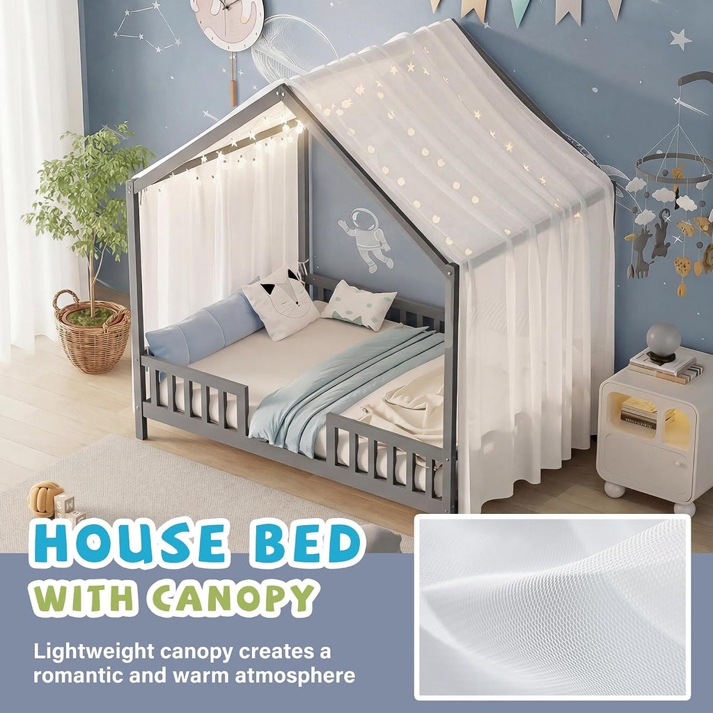Full Montessori House Bed with High Rails, Wood Low House Floor Bed with Roof & Canopy, Full House Beds Frame for Girls Boys, No Box Spring Needed, Gray