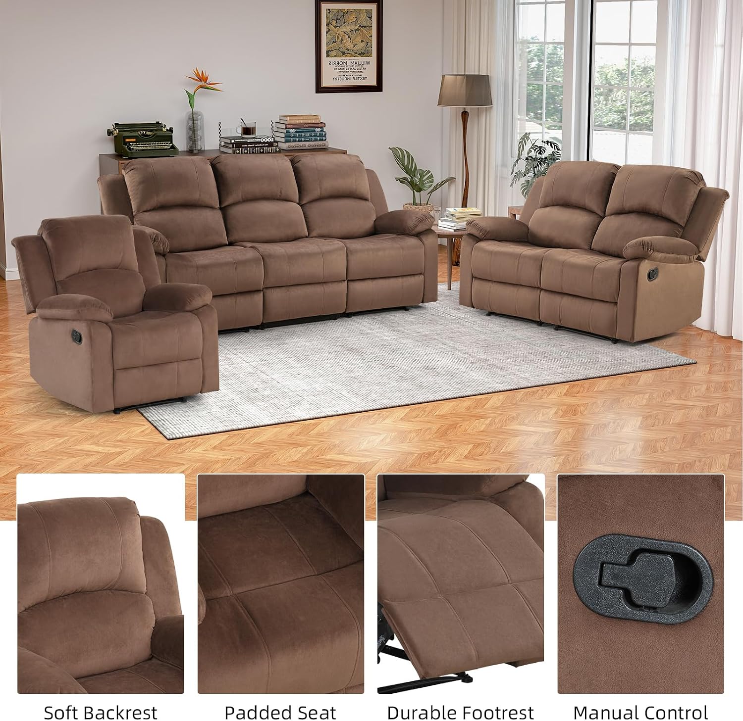 EBELLO Manual Recliner Sofa Set, Microfiber Reclining Couch Furniture Set for Living Room, Includes 1 Recliner Chair, 1 Loveseat Sofa and 1 3-Seater Reclining Couch, Brown