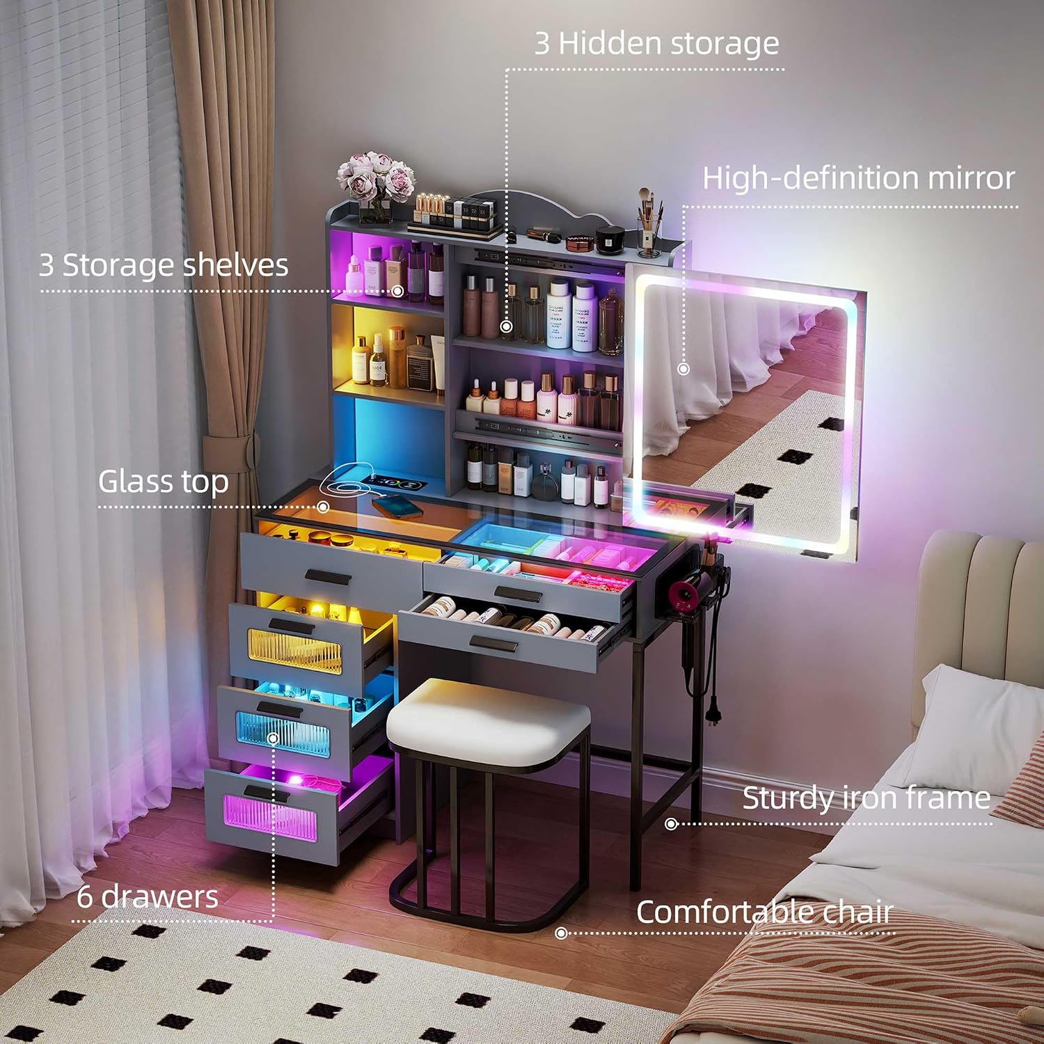 Glass Top Makeup Vanity Desk with RGB LED Light & Adjustable Mirror, Modern Makeup Dresser with Charging Station,Vanity Table Set with 6 Drawers & Hair Dryer Holder for Bedroom,Grey