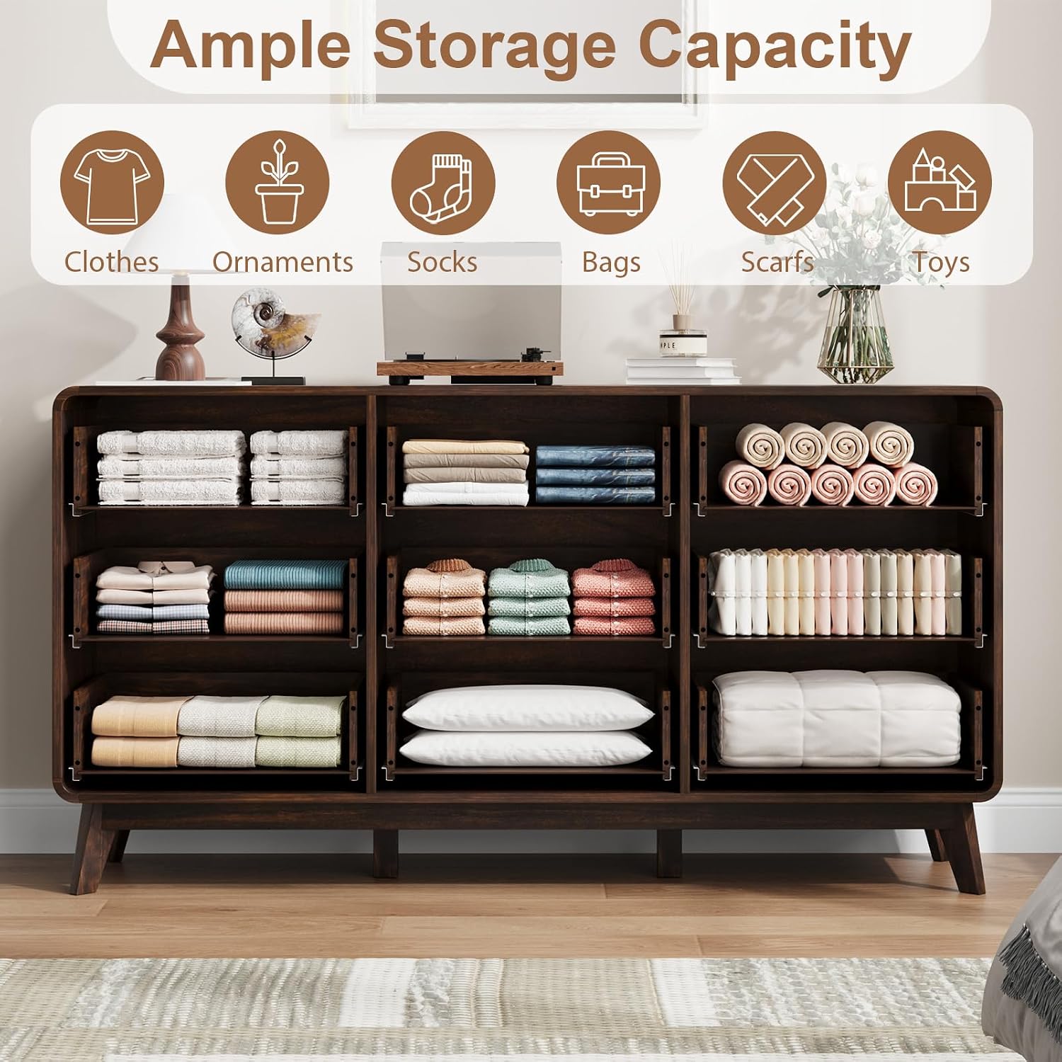 QUW Fluted 59.1' Wide Modern Dresser for Bedroom with 9 Drawers, Tall Chest of Drawers with Metal Handle, Wooden Dresser TV Stand, Hallway, Living Room, Dark Walnut
