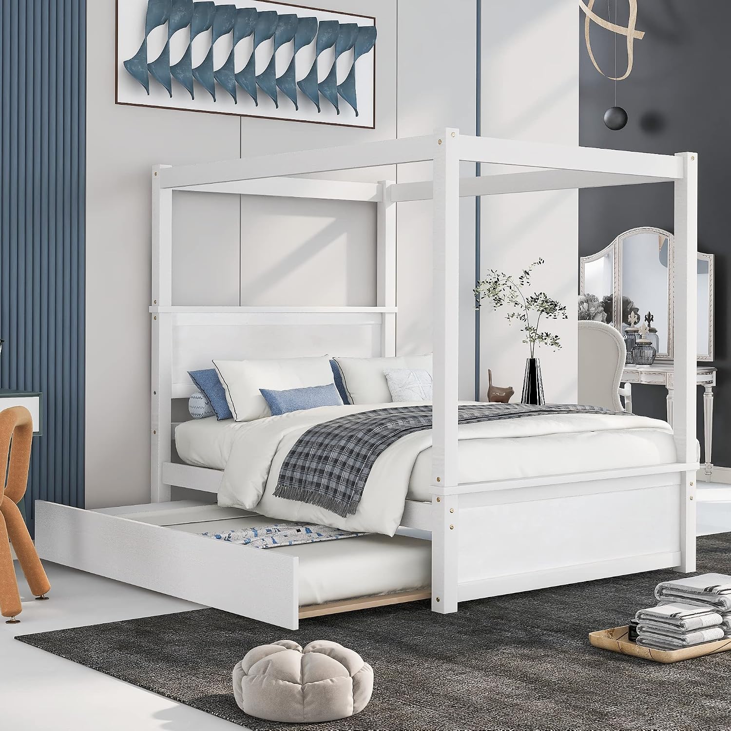 CITYLIGHT Full Size Canopy Bed Frame with Trundle Bed,Wooden Canopy Trundle Bed with Support Slats,Four Post Bed with Headboard for Kids Girls Boys,Brushed White