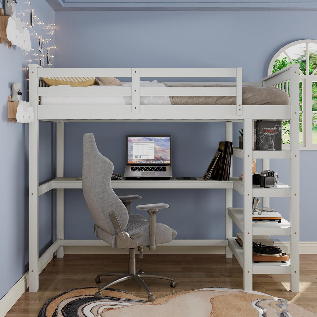 Merax Wood Loft Bed,Loft Bed with Desk and Shelves with 4-Storage Shelves and Under-Bed Desk,Solid Wood Bed, Full Size,White