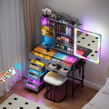 Glass Top Makeup Vanity Desk with RGB LED Light & Adjustable Mirror, Modern Makeup Dresser with Charging Station,Vanity Table Set with 6 Drawers & Hair Dryer Holder for Bedroom,Grey
