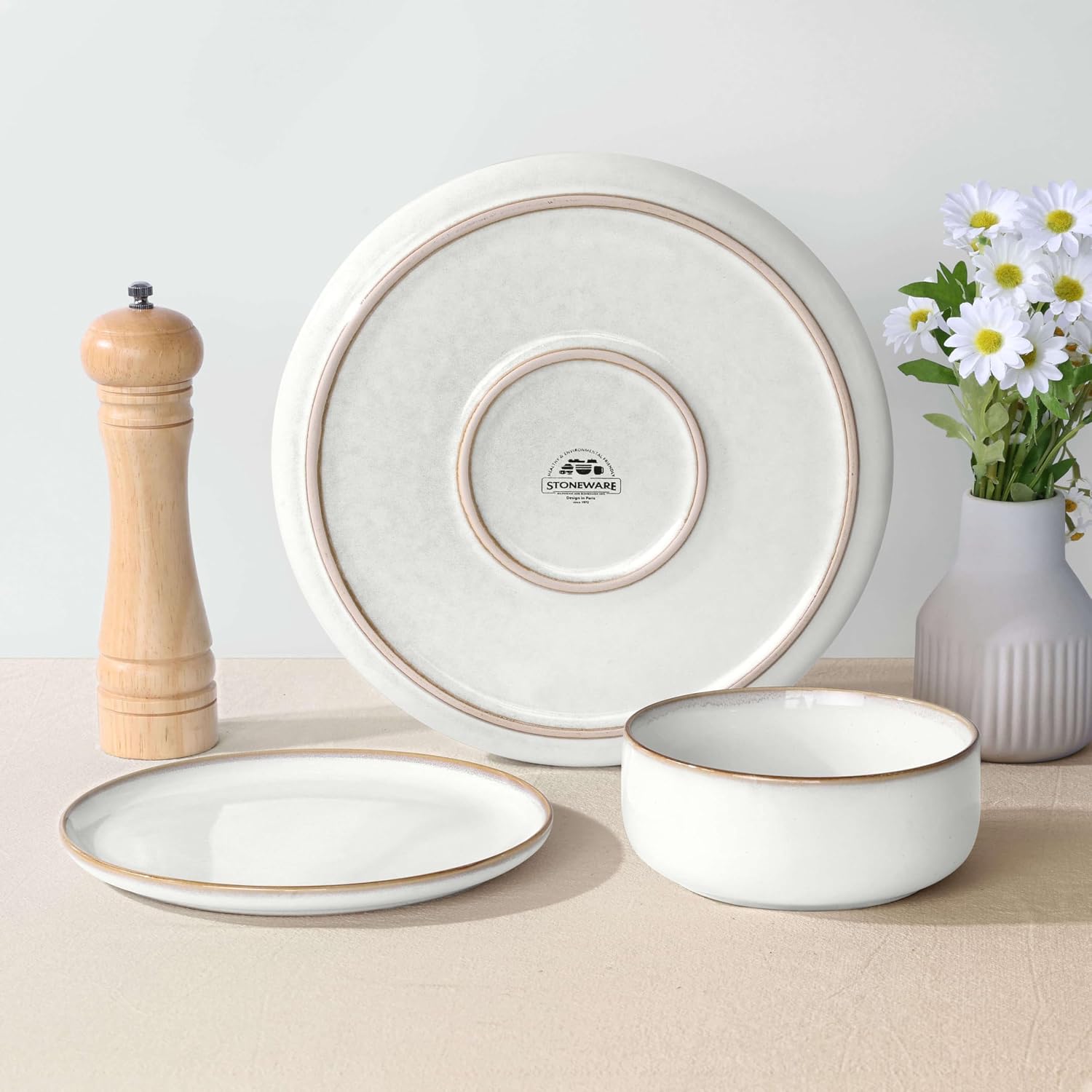 Herogo 24 Pieces Stoneware Dinnerware Dishes Sets for 8, Kitchen Handmade Dining Plates and Bowls Sets, Double Reactive Glaze, Microwave & Dishwasher Safe, Scratch Resistant, Ivory White