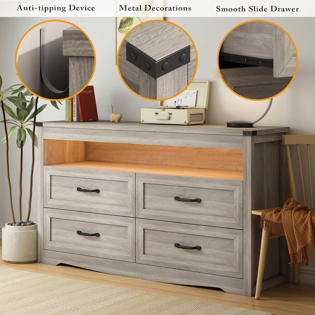 Wodeer Grey Dresser for Bedroom, Wooden 4 Drawer Dresser with LED Light, Dressers & Chests of Drawers with Metal Handles, Storage and Organization for Bedroom, Hallway, Entryway, Gray