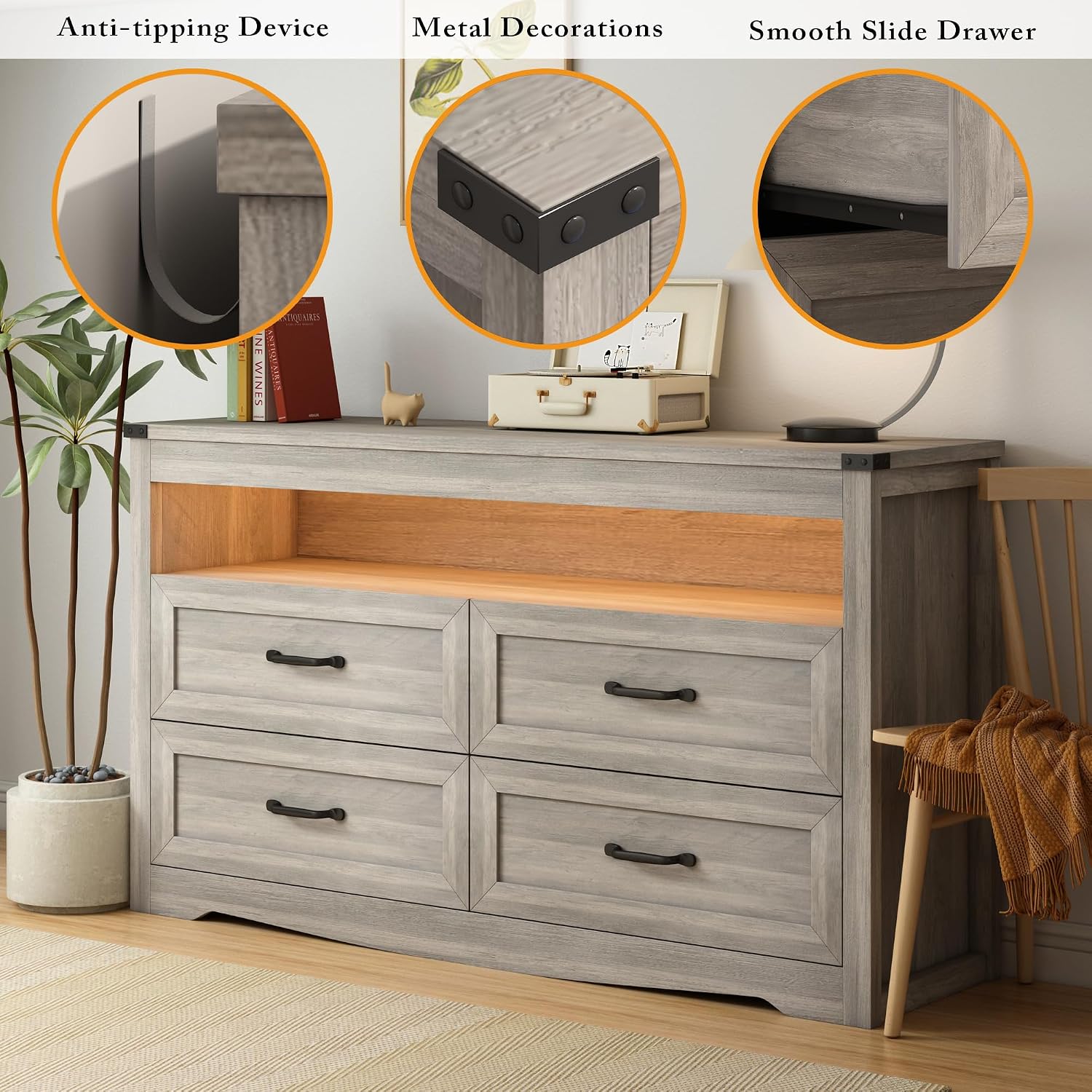 Wodeer Grey Dresser for Bedroom, Wooden 4 Drawer Dresser with LED Light, Dressers & Chests of Drawers with Metal Handles, Storage and Organization for Bedroom, Hallway, Entryway, Gray