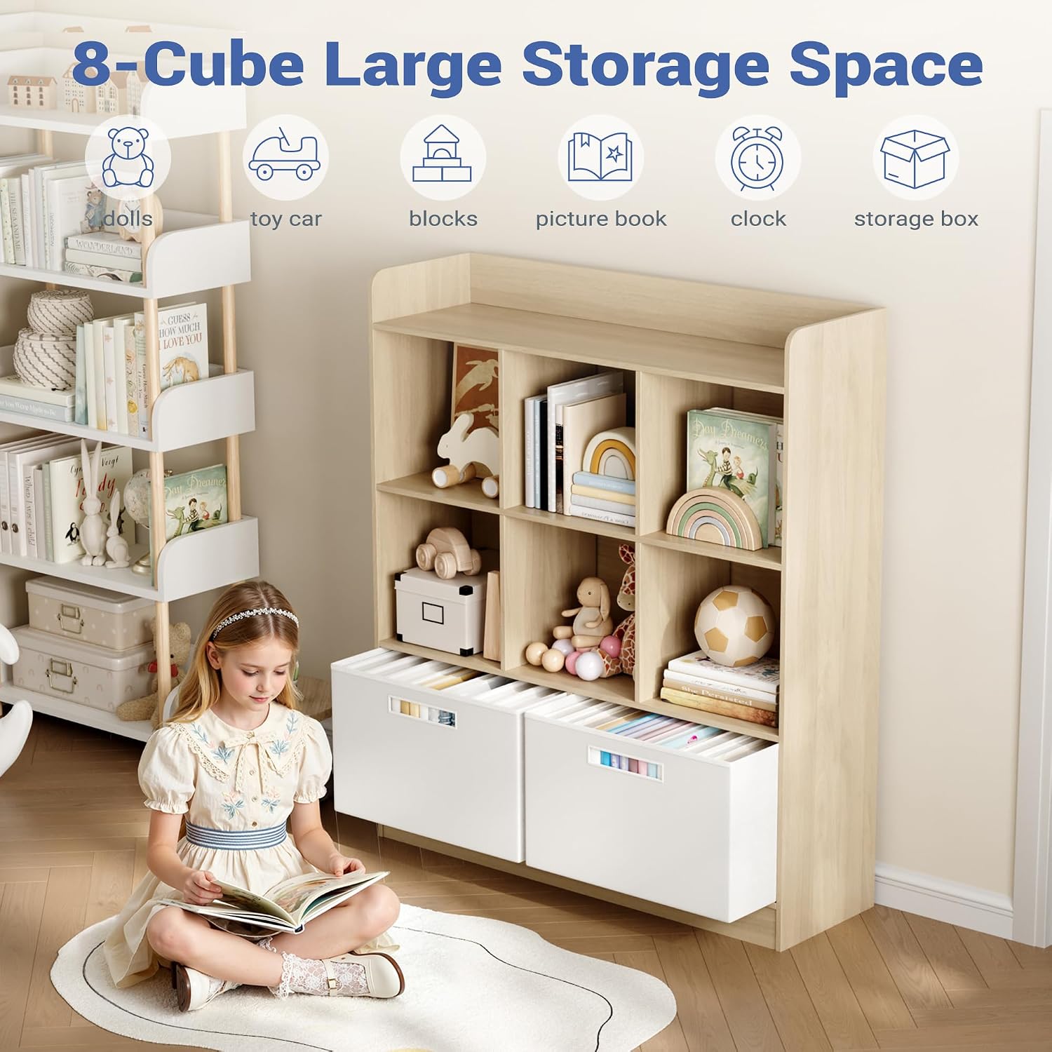 Housoul Kid Bookshelf with 2 Fabric Drawers, Toy Storage Organizer, Natural | 8 Cubes Freestanding Book Shelves, 3-Tier Open Shelf Bookcase, Kids Bookcase Cubby Storage Organizer for Living Room, Office