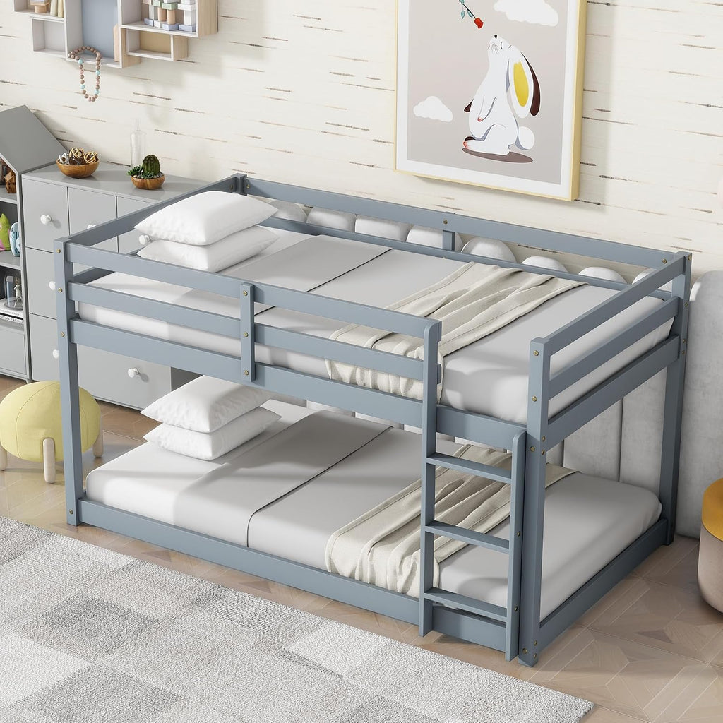 Ball & Cast Solid Rubber Wooden Twin Over Twin Bunk Bed with Ladder and Full Length Guardrail,Low Bunkbed w/Slat Support,Bedroom Furniture for Girls Boys,Grey