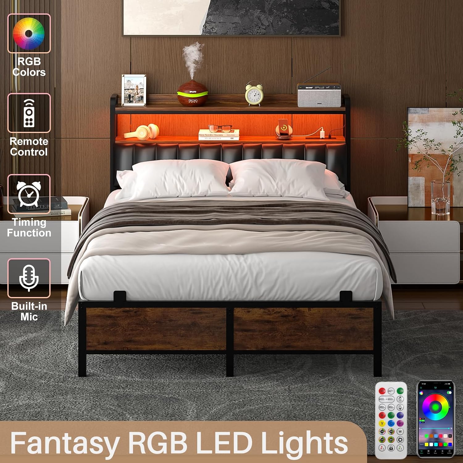 Homieasy Full Size Bed Frame with Charging Station, Industrial Led Bed Frame with Upholstered Leather Headboard, Rustic Brown