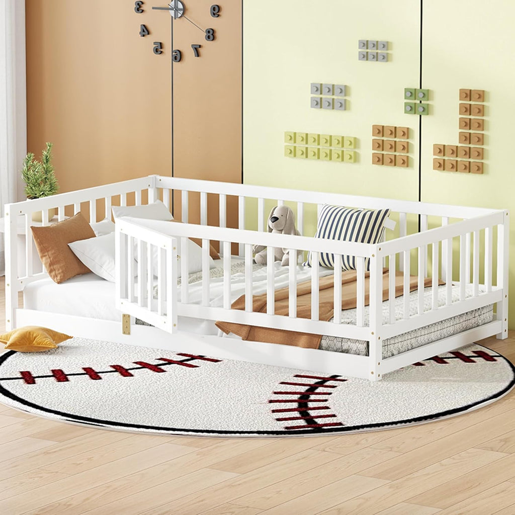 KEIKI Twin Size Wooden Floor Bed, Montessori Platform Bed Frame with Door & Safety Rails, Space Saving Kids Beds for Boys Girls Bedroom, No Box Spring Needed, Easy Assembly, Noise Free, White