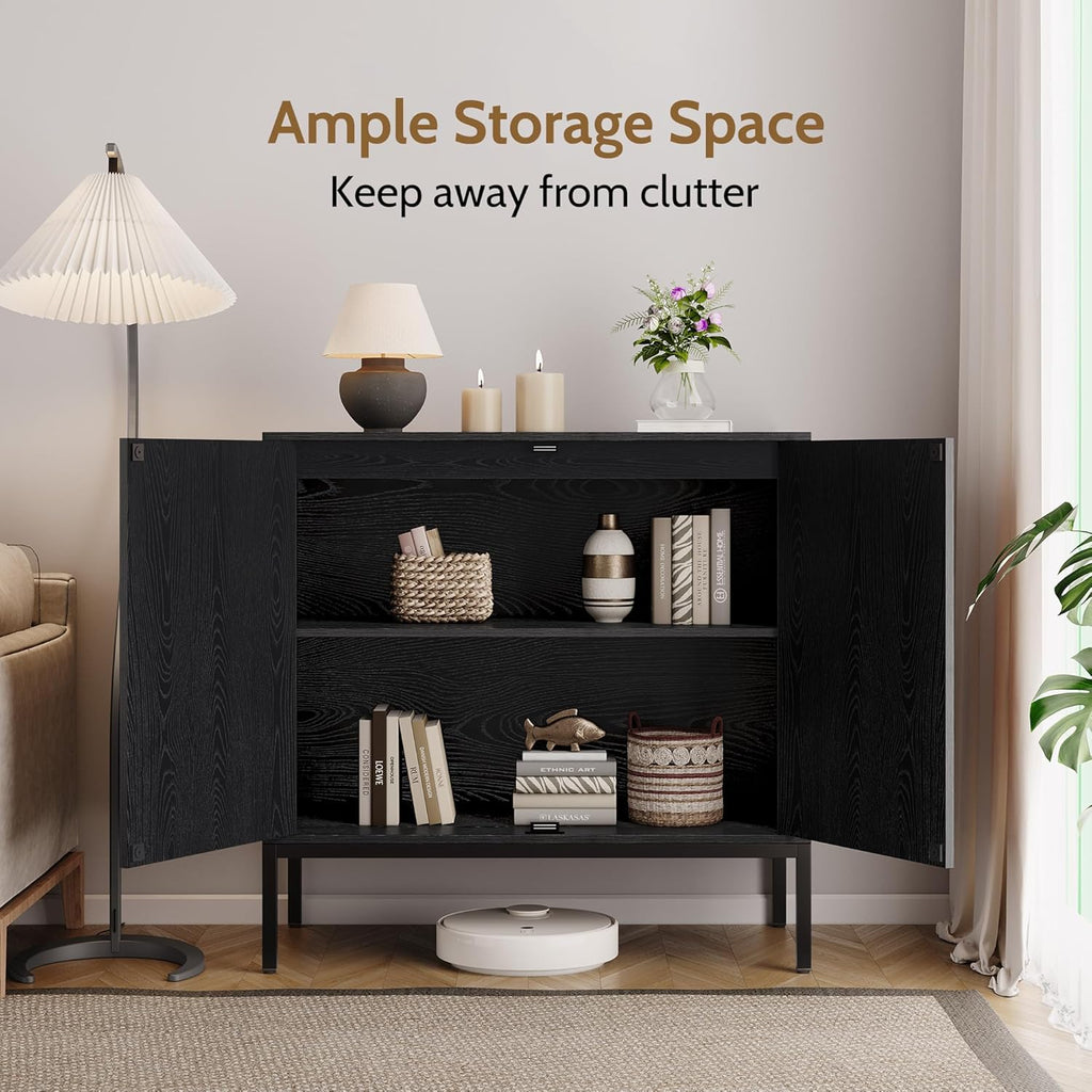 Yechen Full Black Sideboard Buffet Cabinet with Painted Natural Rattan Doors, Boho Rattan Cabinet, Accent Credenza Liquor Cabinet, for Living Room Entryway Kitchen, Metal Legs