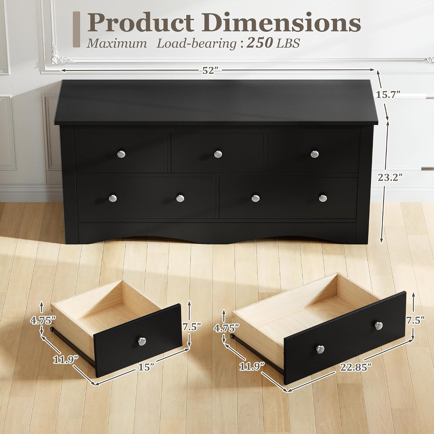 Furmax Dresser for Bedroom, 5 Wood Dresser, Chest of Drawers, for TV up to 65 inch, TV Stand Storage Chest of Drawers for Hallway Entryway (Black)