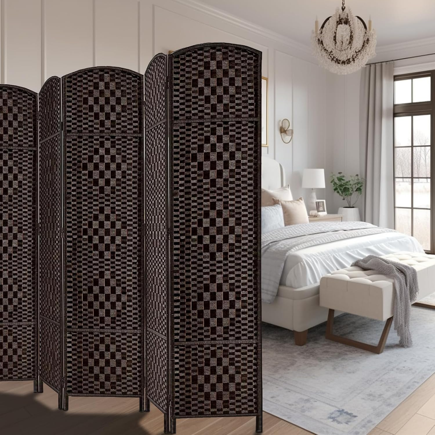Rose Home Fashion Room Divider, 6 ft Tall Room Dividers and Folding Privacy Screens, 16in Privacy Screen 8 Panel Dark Coffee Space Temporary Wall Foldable Partition Separation