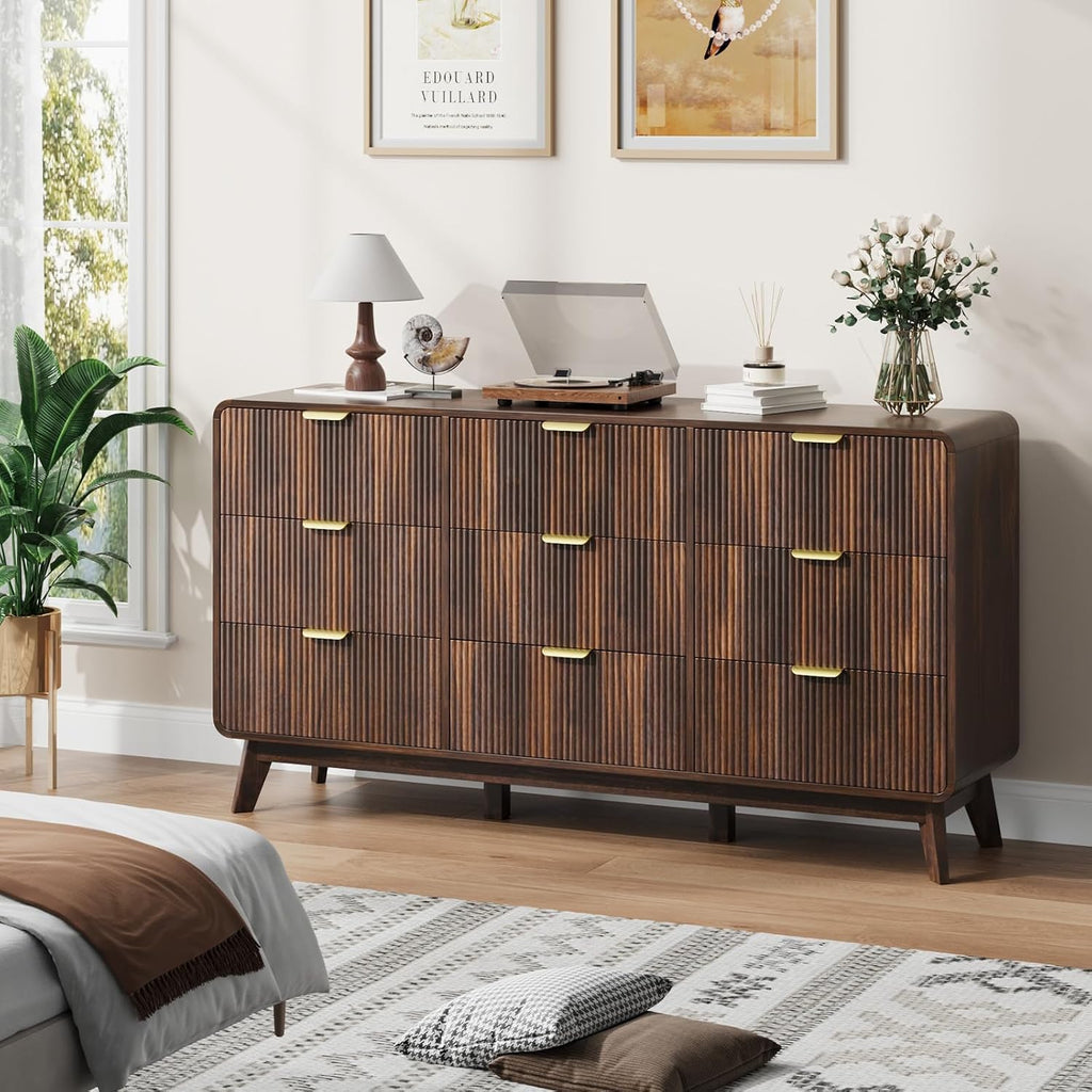 QUW Fluted 59.1' Wide Modern Dresser for Bedroom with 9 Drawers, Tall Chest of Drawers with Metal Handle, Wooden Dresser TV Stand, Hallway, Living Room, Dark Walnut