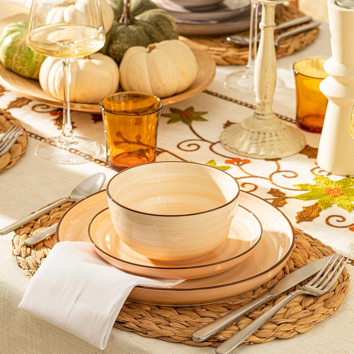 Sweese Plates and Bowls Sets, 18 Piece Dinnerware Set Porcelain Round Dinner Set for 6, Scratch Resistant Dishes Set, Dishwasher and Oven Microwave Safe Handpainted Swirl Dishware Sets, Neutral