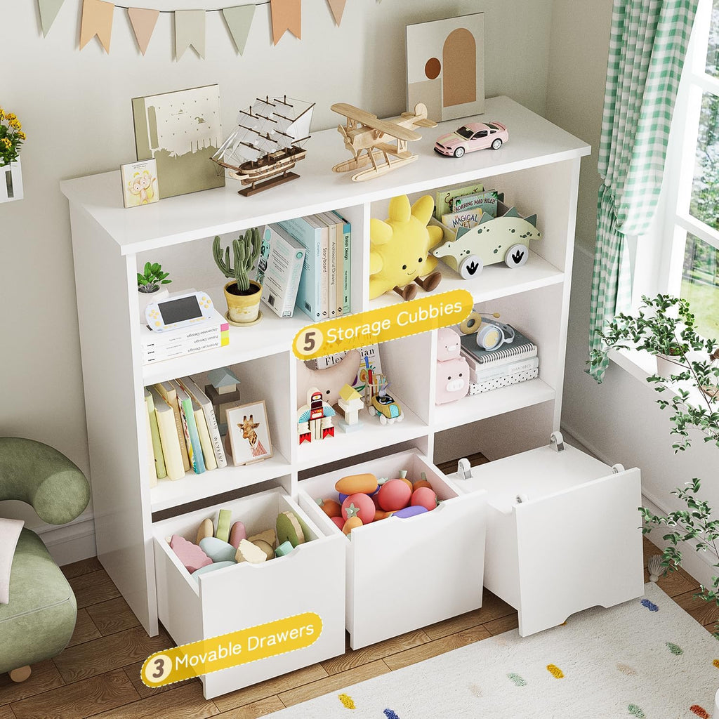 Teckid 2-in-1 Kids Bookshelf and Toy Storage Organizer, Kids Storage Cabinet with 5 Open Cubbies and 3 Rolling Drawers, Multifunctional Toy Chest for Playroom Bedroom Living Room, White