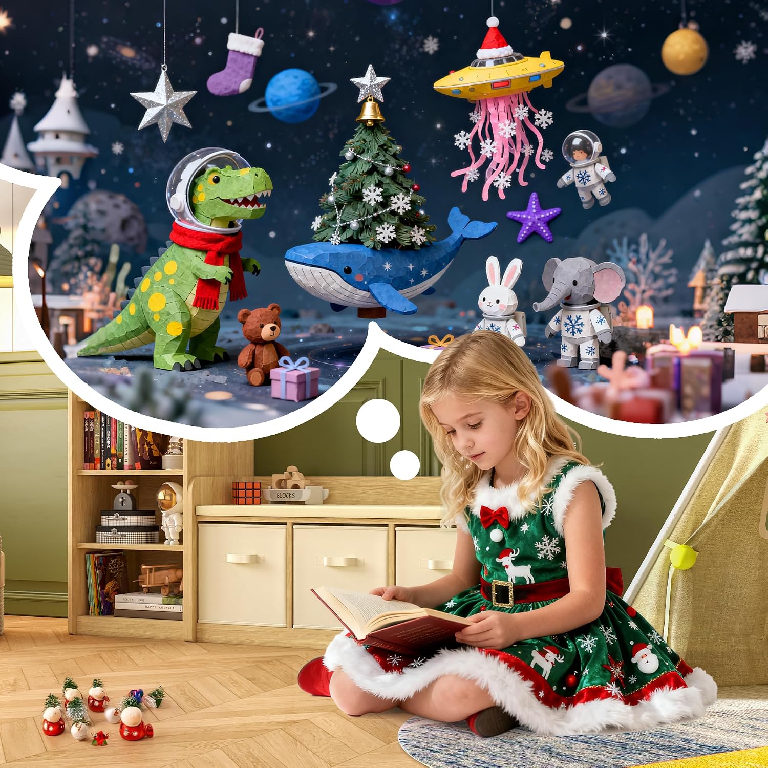 Kids Reading Nook Bench with 3 Drawers and Seat Cushion - Large Capacity Toddler Reading Corner，Kids Storage Bench