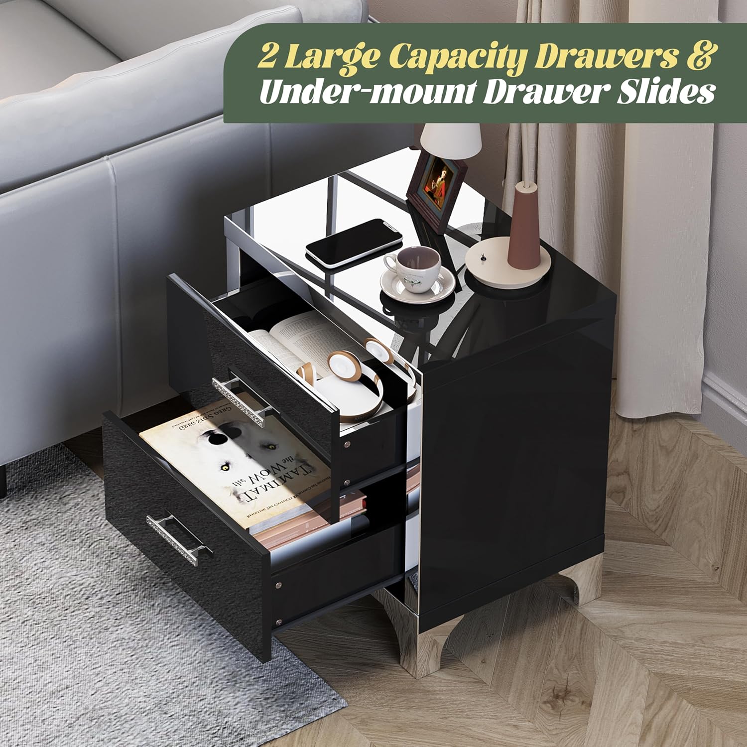 Modern High Gloss Nightstand Set of 2 for Bedroom, Elegant Black 2 Drawer Nightstand with Silver Mirrored Handle and Base, Wood End Table Sofa Side Table for Living Room Bedroom (Black)