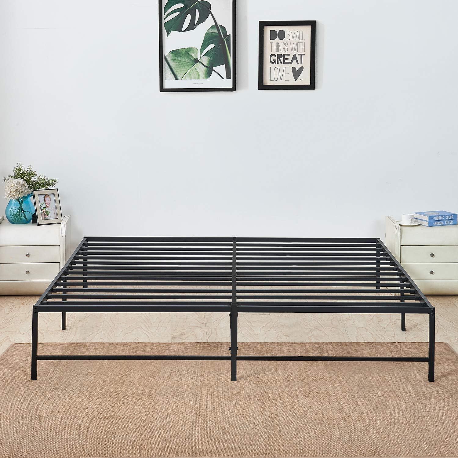VECELO Metal Platform Bed Frame, No Box Spring Needed/Mattress Foundation/Steel Slat Support Black (King)