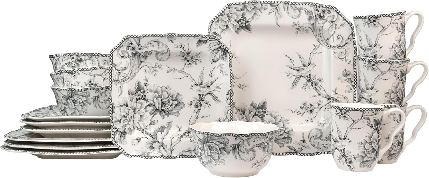 222 Fifth Adelaide Grey 16-Piece Floral Porcelain Dinnerware Set | Microwave and Dishwasher Safe Dining Set for 4 | Stackable and Chip-Resistant Plates Bowls and Cups | Gift for Housewarming & Wedding