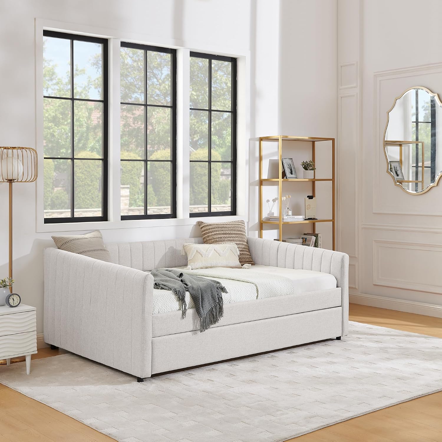 Ball & Cast Full Size Daybed with Pop up Trundle,Linen Upholstered Day Bed Frame with Channel Tufted Backrest & Armrest,Extendable Trundle Bed,Full to King Design,Easy Assembly,Black