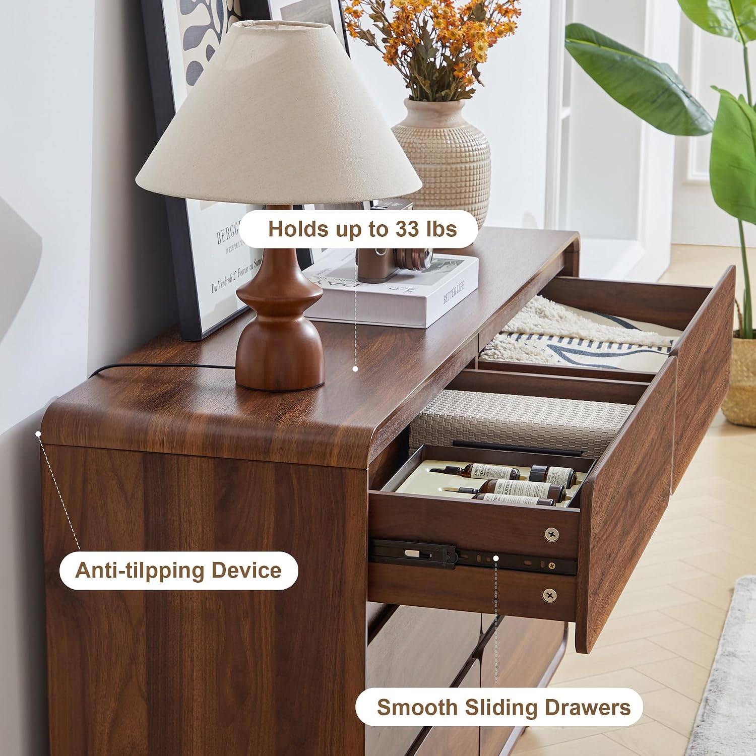 AVZEAR Modern 6 Drawer Dresser for Bedroom, 48' Wide Wooden Dresser Chest of Drawers, Handle Free & Curved Profile Design, Mid Century Closet Clothes Storage Organizer for Living Room, Walnut