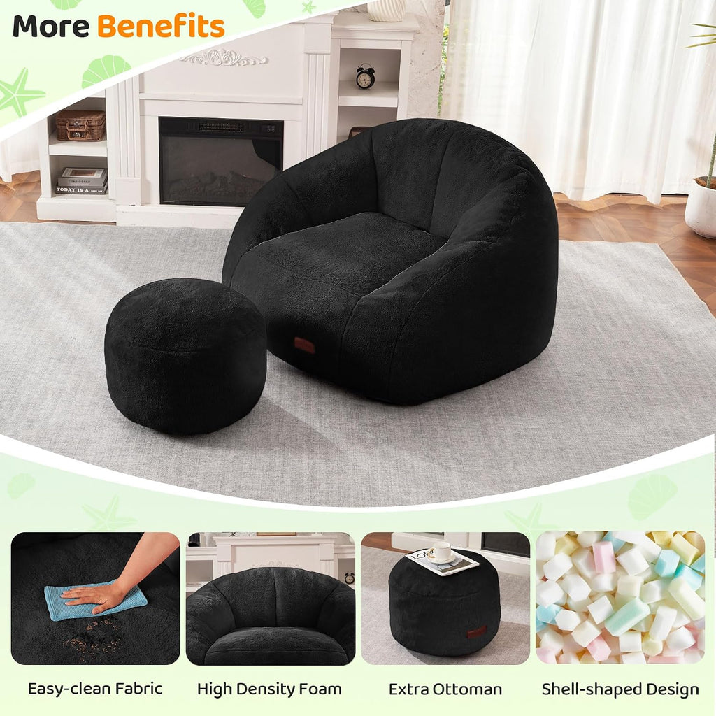 HABUTWAY Bean Bag Chair, Giant Bean Bag Chairs for Adults with Ottoman, Comfy Faux Fur Shell-Shaped Bean Bag Couch, Sofa Chair for Living Room, Bedroom, Black