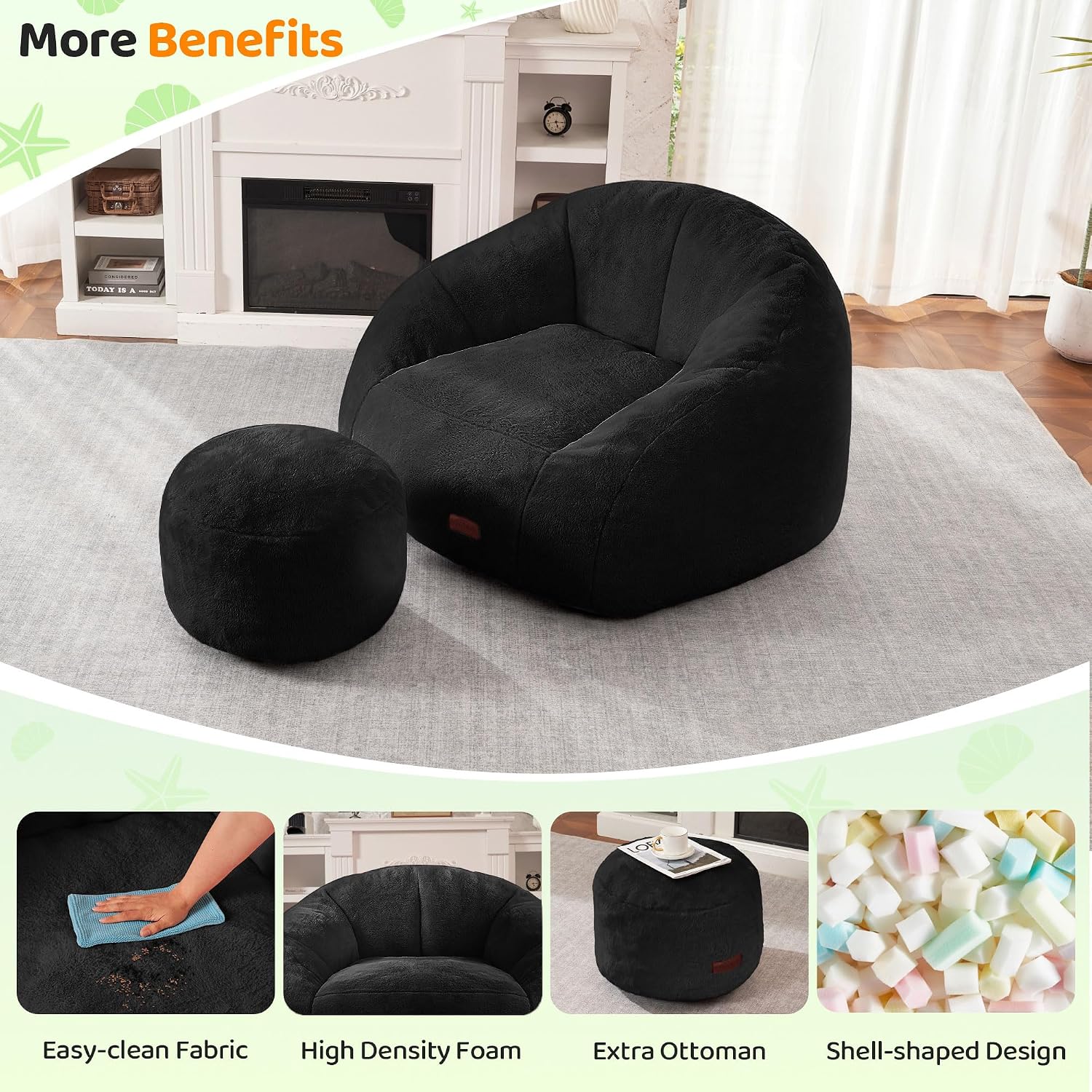 HABUTWAY Bean Bag Chair, Giant Bean Bag Chairs for Adults with Ottoman, Comfy Faux Fur Shell-Shaped Bean Bag Couch, Sofa Chair for Living Room, Bedroom, Black