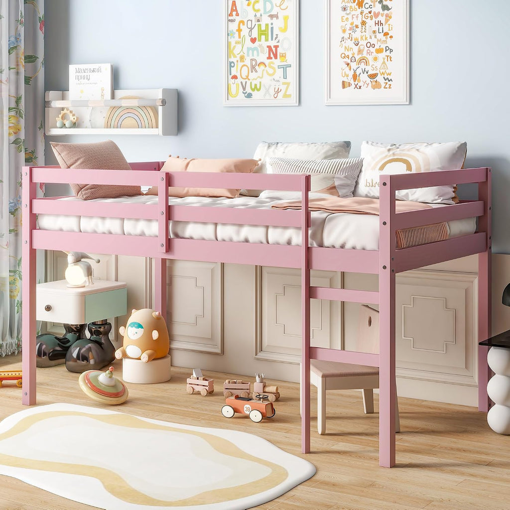 JIVOIT Twin Size Loft Bed with Ladder, Solid Rubber Wooden Low Height Loft Bed, Bed Platform of Strengthened Slats, No Box Spring Needed (Pink//14)