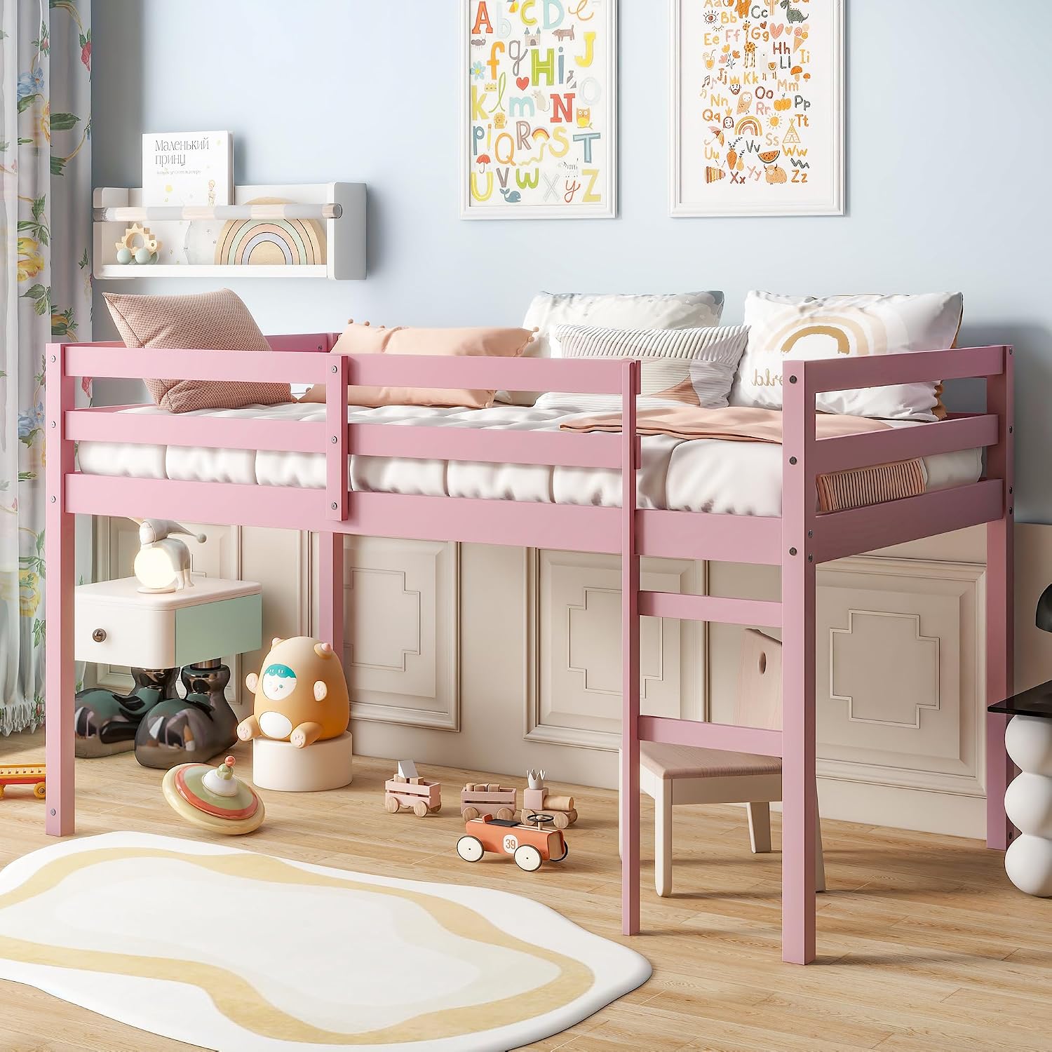 JIVOIT Twin Size Loft Bed with Ladder, Solid Rubber Wooden Low Height Loft Bed, Bed Platform of Strengthened Slats, No Box Spring Needed (Pink//14)